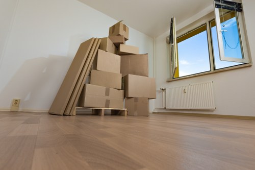 Packed office boxes ready for relocation in Shoreditch